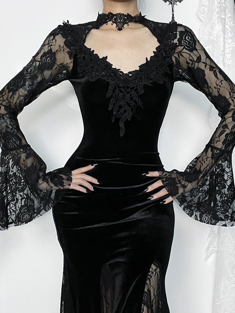 LANSHULAN Gothic Slim Lace Contract Fishtail Long Goth Dress Clothes Black