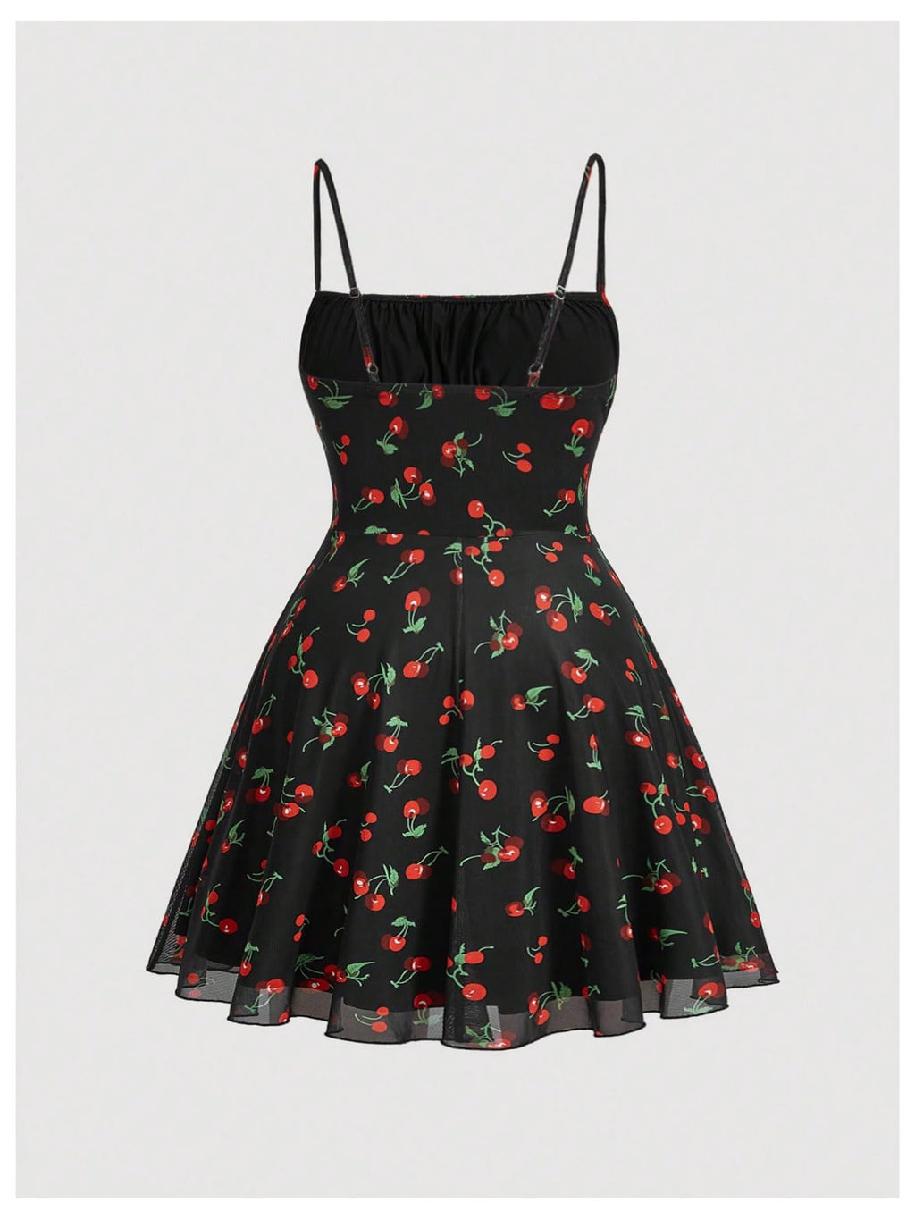 WDIRARA Women's Plus Size Cherry Print Tie Front Ruffle Hem A Line Cami Dress Black 5XL