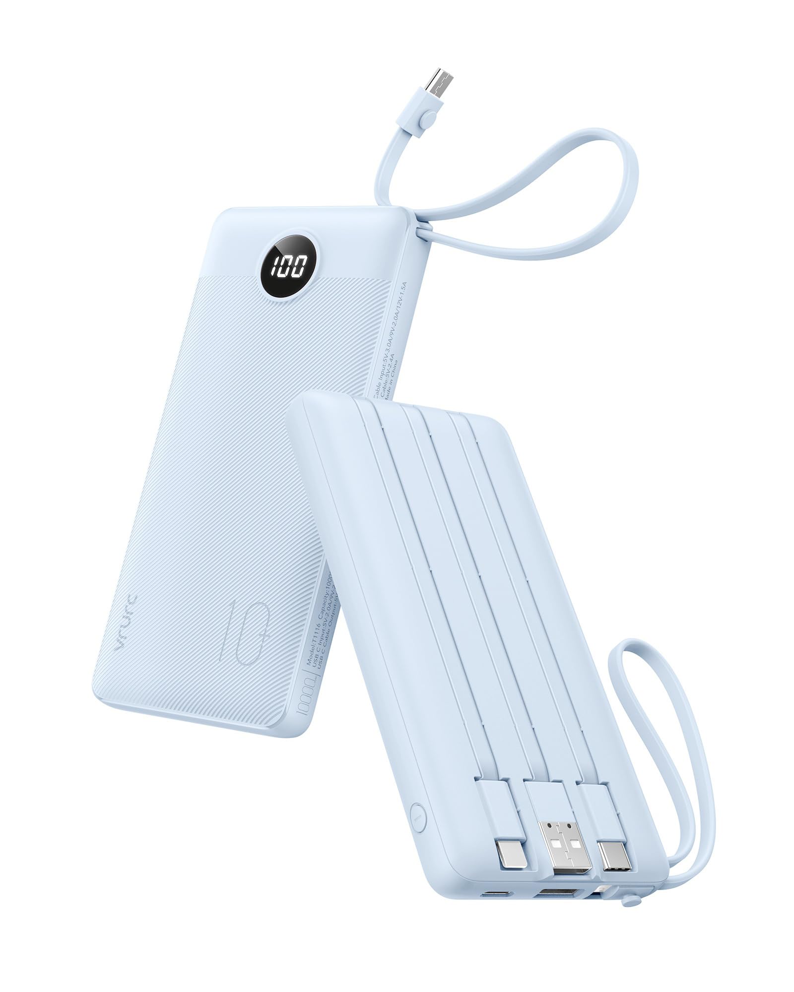VRURC Portable Charger for iPhone, Built in Cables & Lanyard Power Bank 10000mAh, Compact USB C Charging Bank 5 Outputs for Multi Devices,Travel Essential for Hiking Camping Business Cruise Ship-Blue