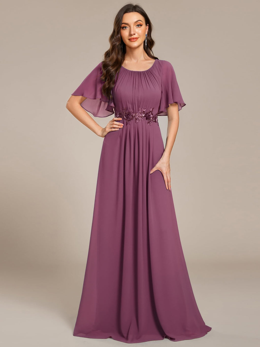Ever-Pretty Women's Classic Round Neck Pleated Short Sleeves Chiffon Appliques Floor Length A Line Formal Evening Dresses Damson US22