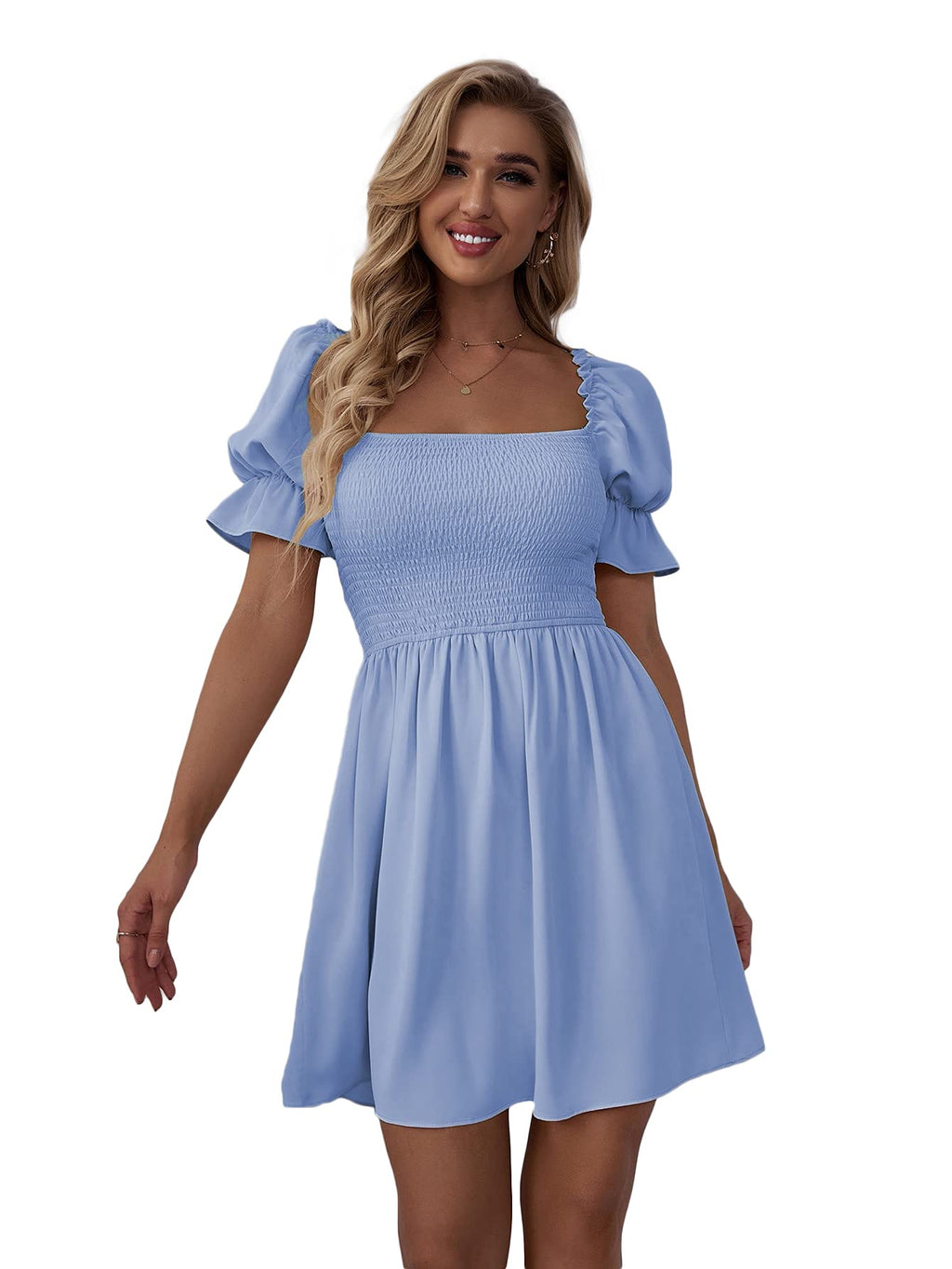 WDIRARA Women's Square Neck Flounce Short Sleeve Shirred Ruffle Hem Dress Blue M