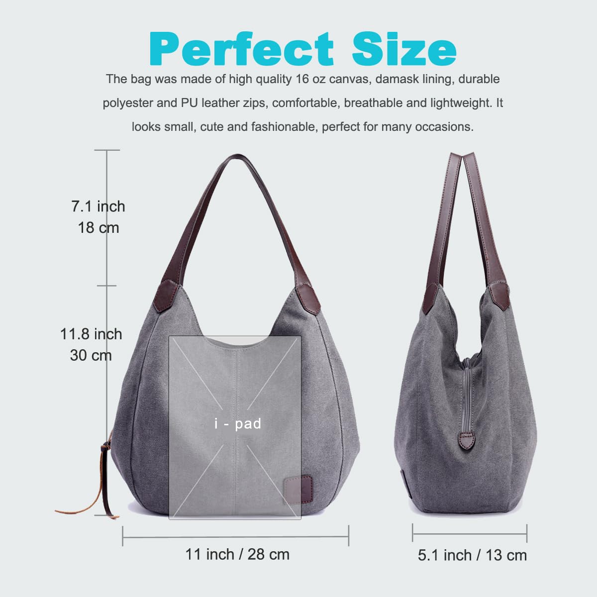 DOURR Women's Multi-pocket Shoulder Bag Fashion Cotton Canvas Handbag Tote Purse (Brown - Medium Size)