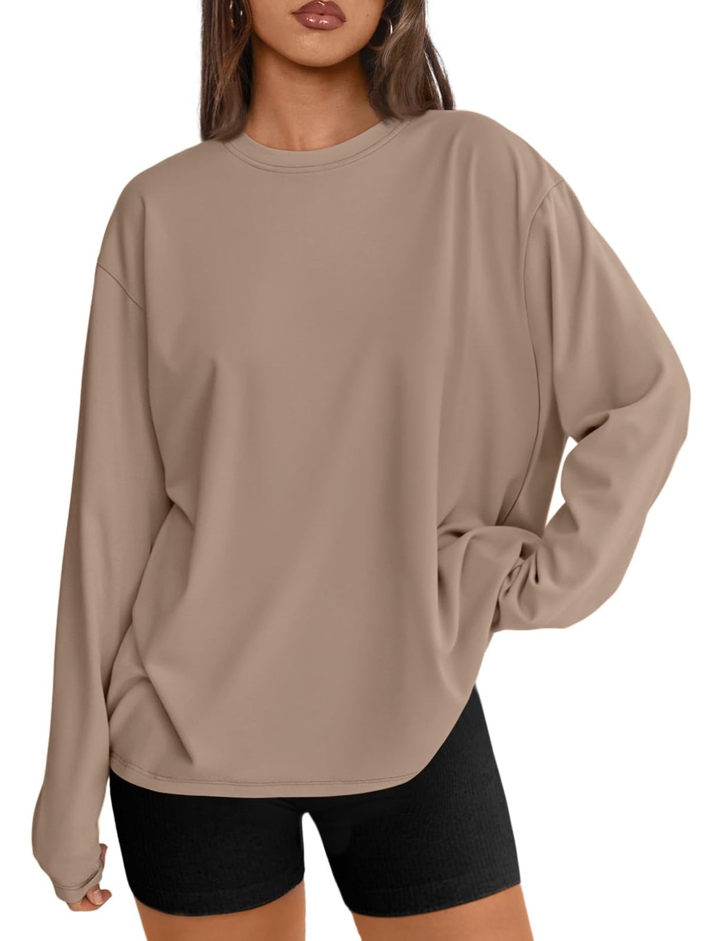 Trendy Queen Womens Oversized Long Sleeve T Shirts 2026 Basic Crewneck Tee Fall Tops Casual Workout Y2K Clothes Khaki L