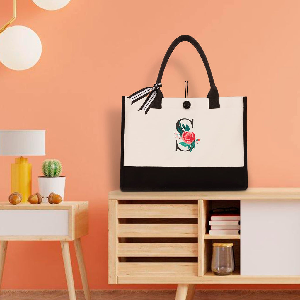 Binggemen Initial Canvas Tote Bag, Personalized Birthday Gifts for Women Mom Friends Teachers, Monogrammed Tote Bags Suitable for Valentine's Day Wedding Beach (Letter S)