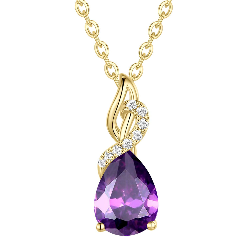 FANCIME Amethyst Necklace 14K Solid Yellow Gold Teardrop Pendant with Diamond February Birthstone Necklace Gifts Jewelry for Mom Women