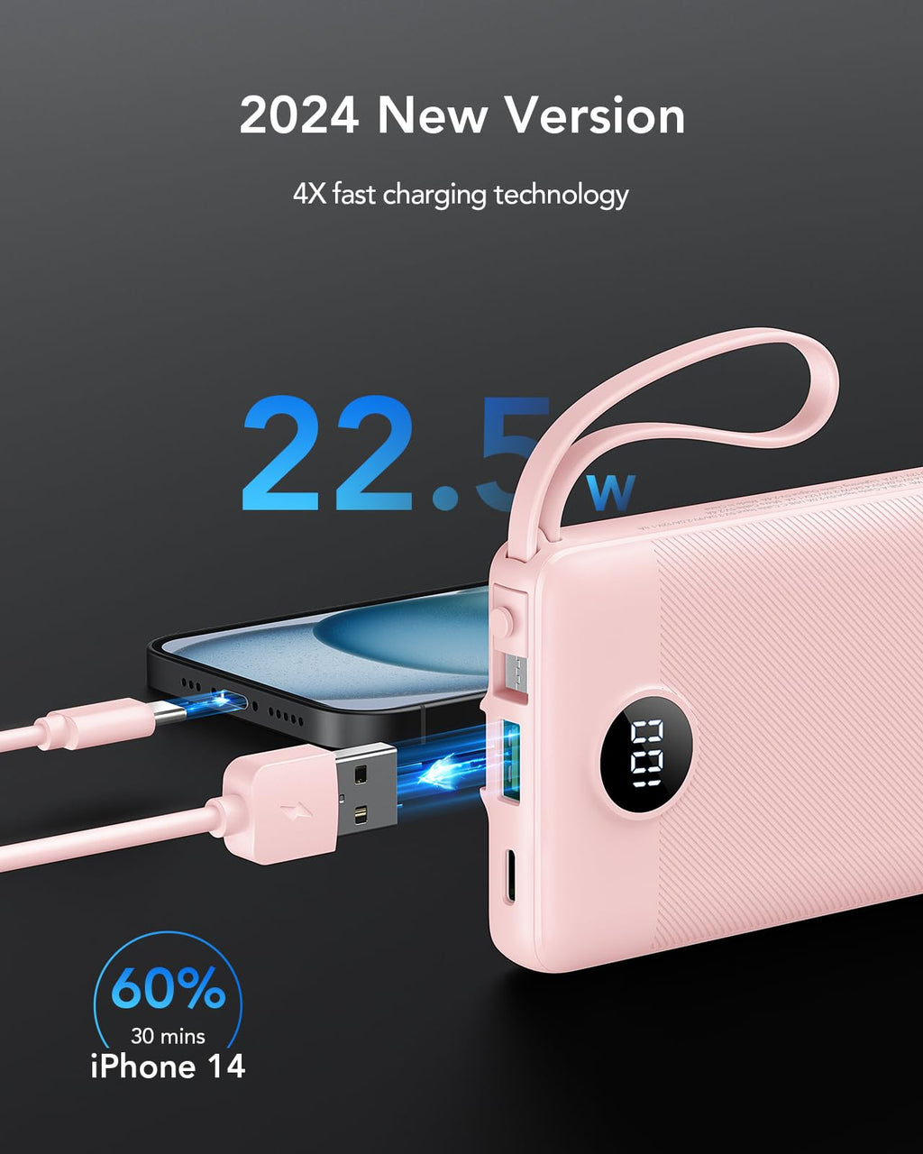 VRURC Portable Charger, 22.5W Fast Charging Power Bank Built‑in 4 Cables, 10000mAh Slim Lightweight Travel Battery Pack for iPhone, Samsung & Multi Devices, Pocket‑Friendly with Lanyard-Pink(1 Pack)