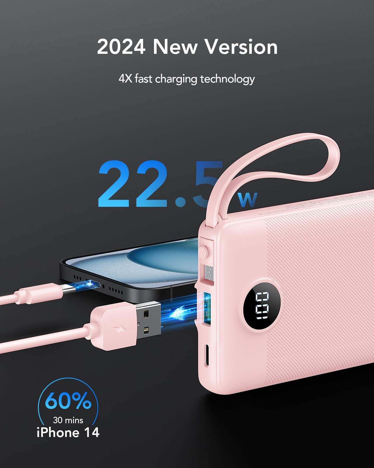 VRURC Portable Charger, 22.5W Fast Charging Power Bank Built‑in 4 Cables, 10000mAh Slim Lightweight Travel Battery Pack for iPhone, Samsung & Multi Devices, Pocket‑Friendly with Lanyard-Pink(1 Pack)