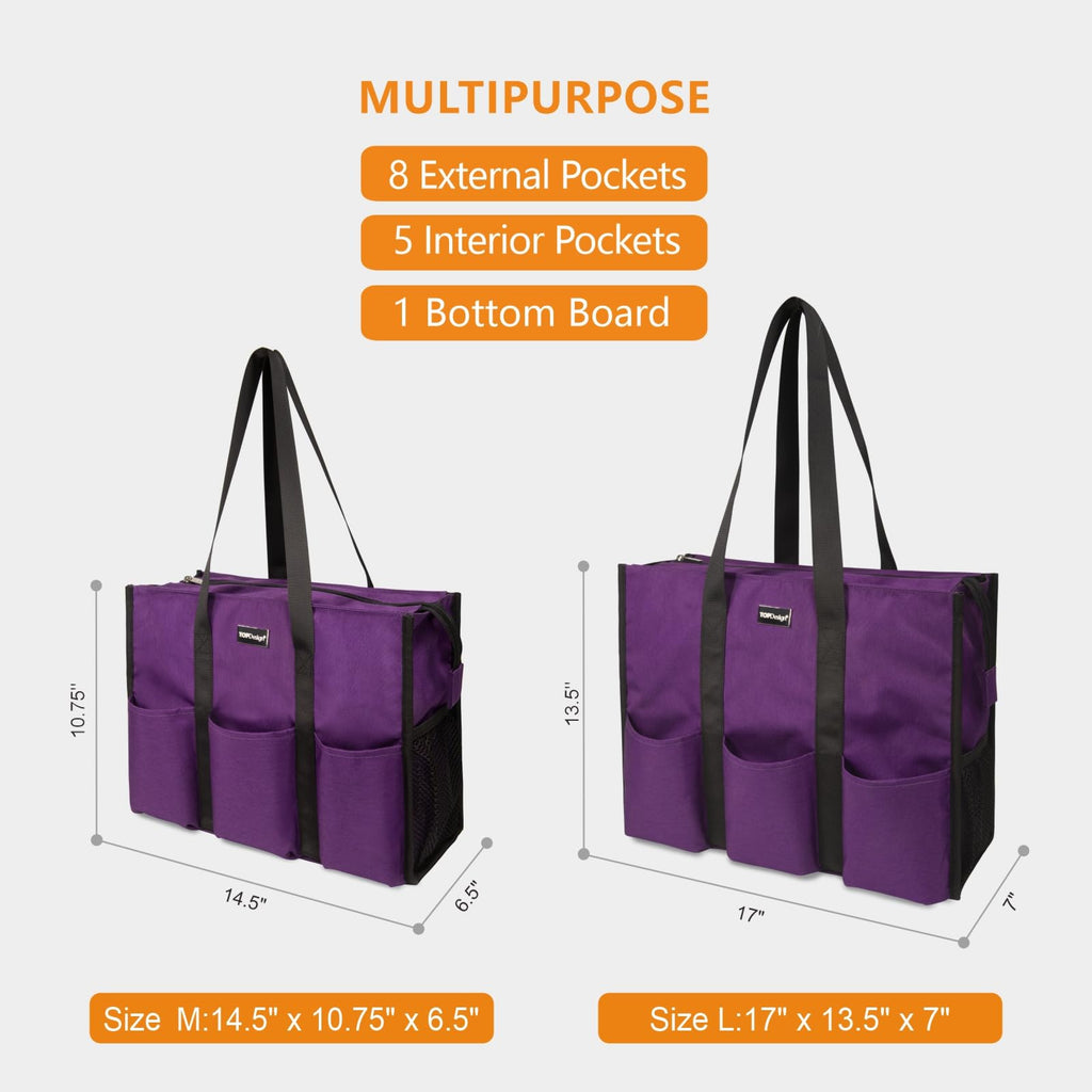 TOPDesign Utility Water Resistant Tote Bag with 13 Exterior & Interior Pockets, Top Zipper Closure & Thick Bottom Support, for Working Women, Teachers, Nurses, Accountants (Purple)