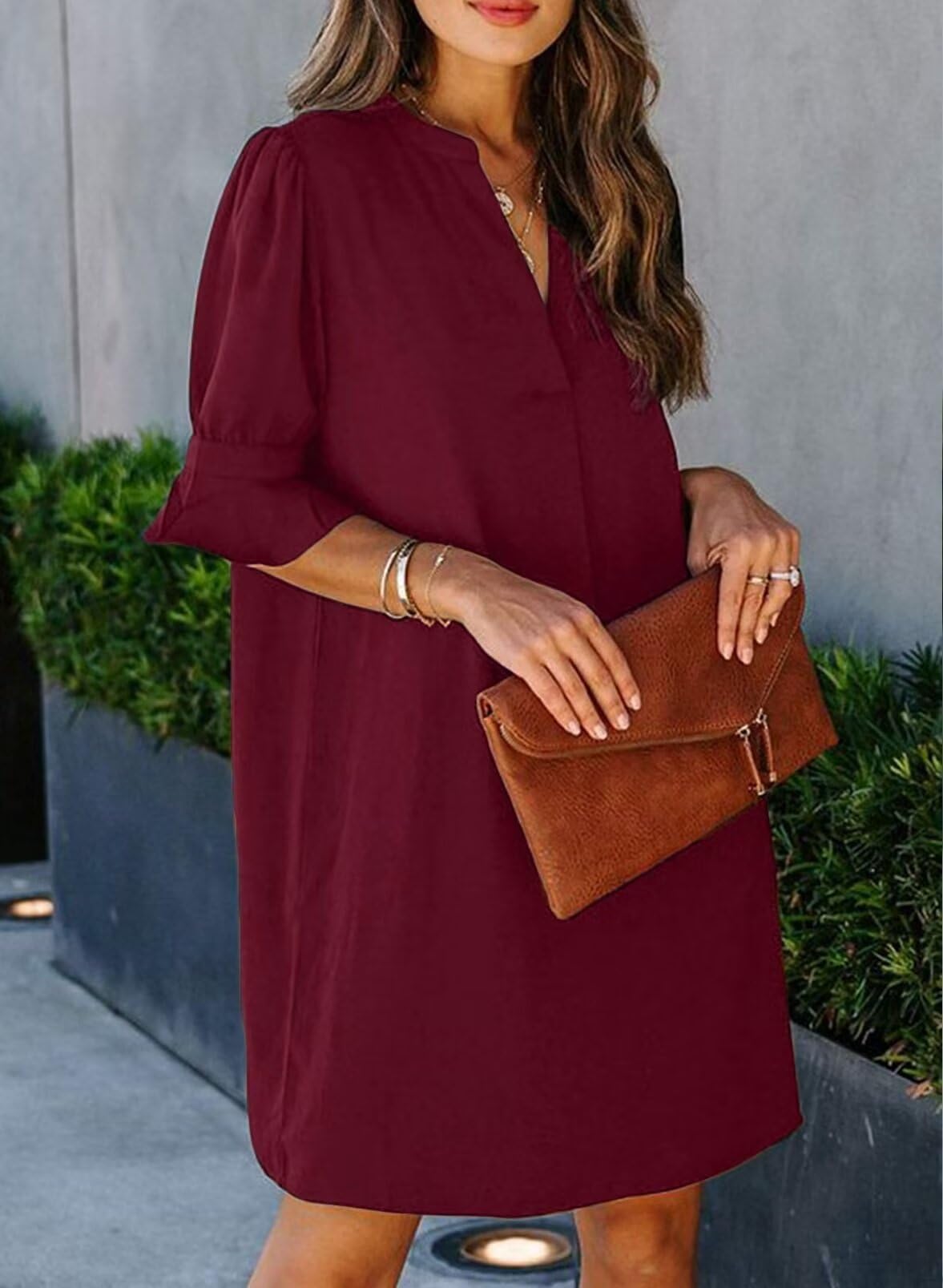 QACOHU Women's Ruffle Short Sleeve V-Neck Straight Casual Casual Elegant Solid Color Simple Dress Red Wine L