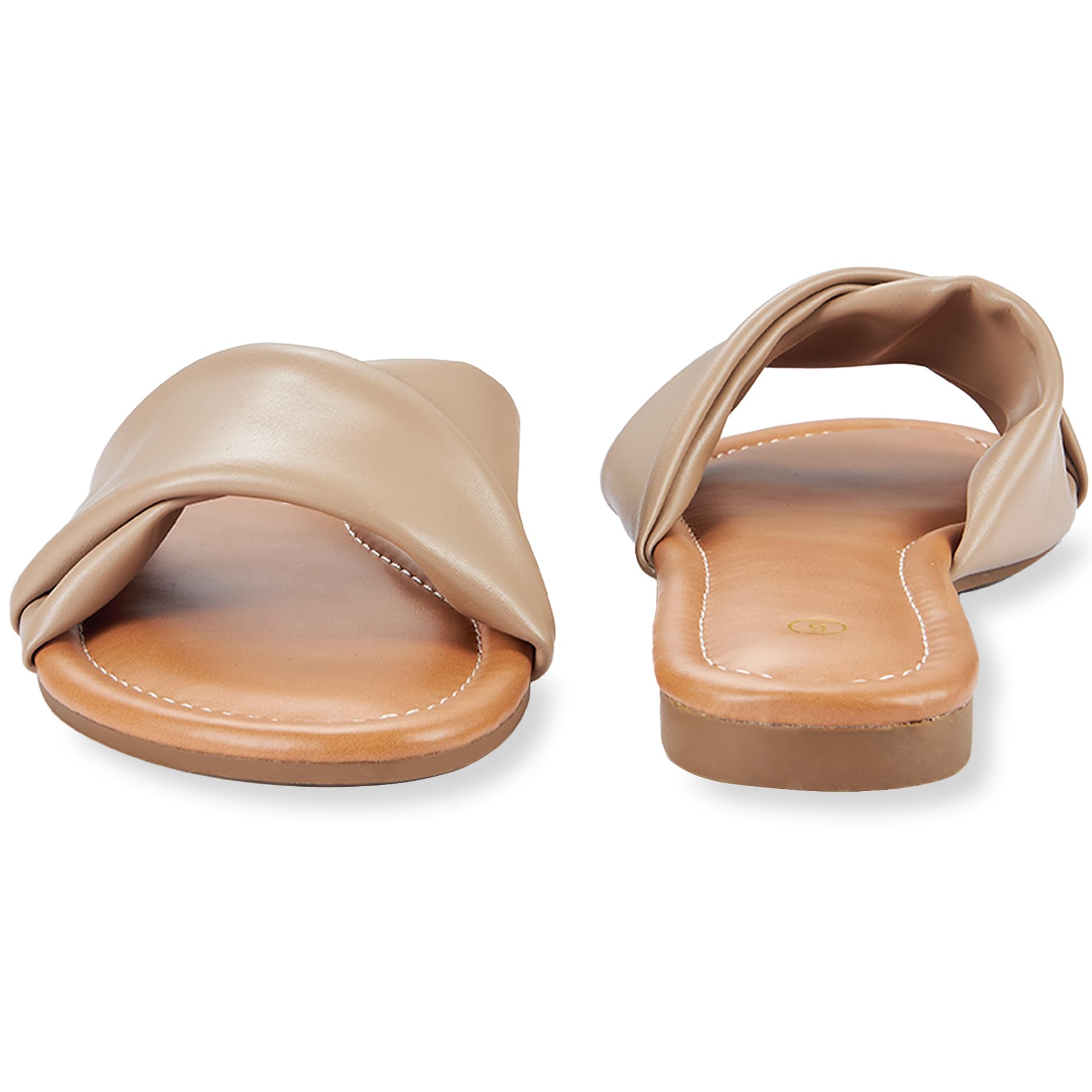 YTSKJ Women's Flat Sandals Round Open Toe Comfortable Fashion Cute Ladies Slides Sandals Women Dressy Summer Flat Leather Casual Fashion Beach Shoes Camel Size 9