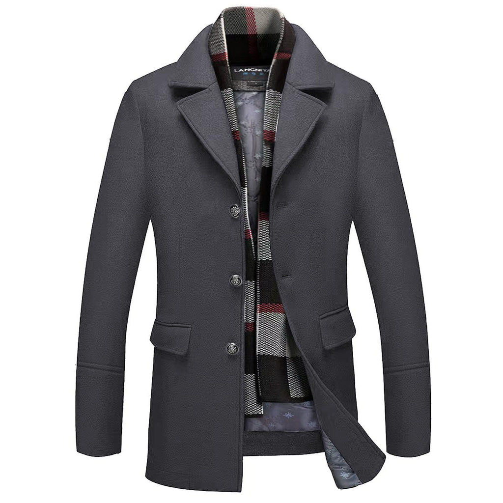 INVACHI Mens Wool Blend Coat Warm Winter Trench Coat with Detachable Soft Scarf Single Breasted Overcoat (US, Alpha, Medium, Regular, Regular, Grey)