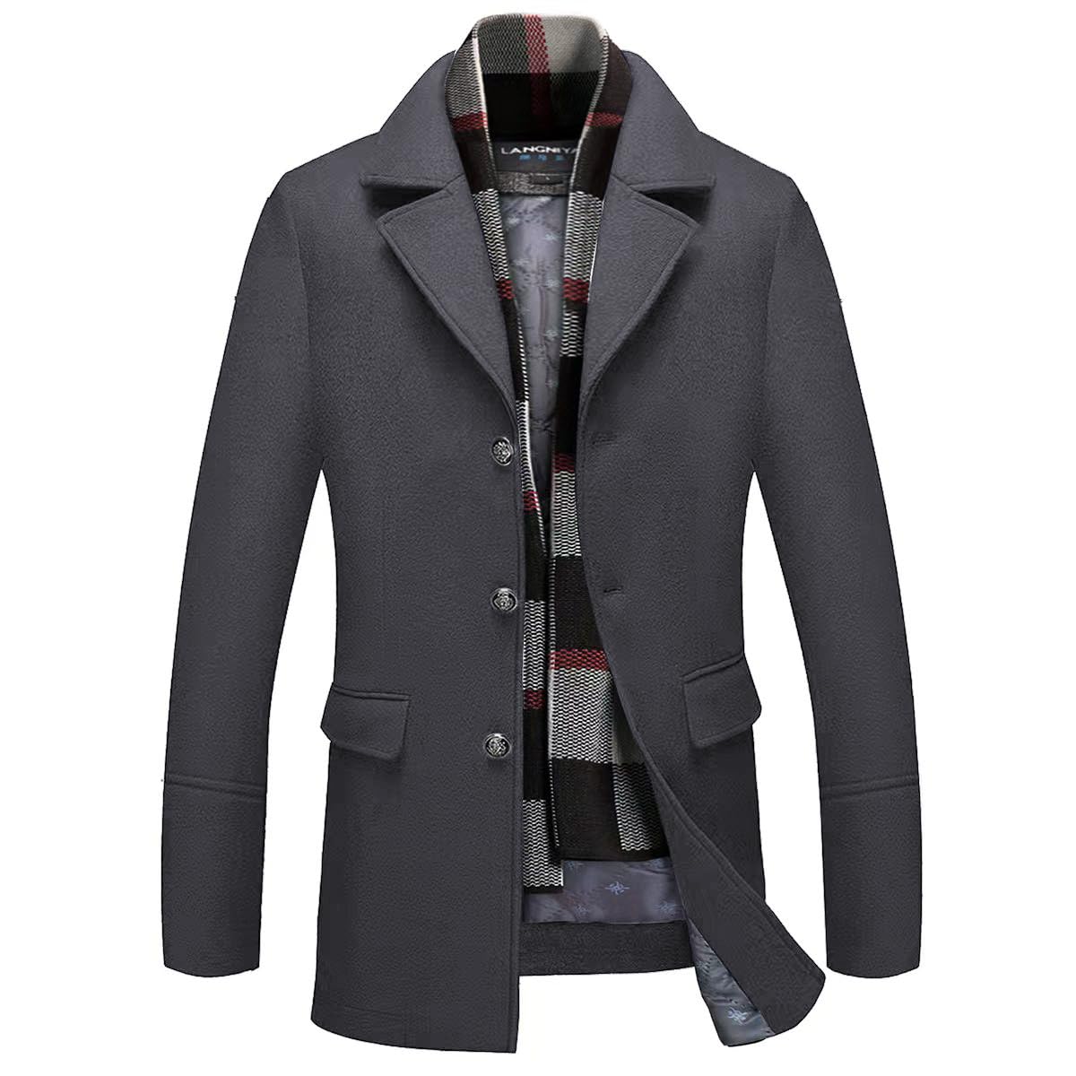 INVACHI Mens Wool Blend Coat Warm Winter Trench Coat with Detachable Soft Scarf Single Breasted Overcoat (US, Alpha, Medium, Regular, Regular, Grey)