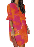 QACOHU Spring Summer Dresses for Women 2026 Ruffle Sleeves Sundress Simple Mini Dress V-Neck Shift Dress Orange Flower L
