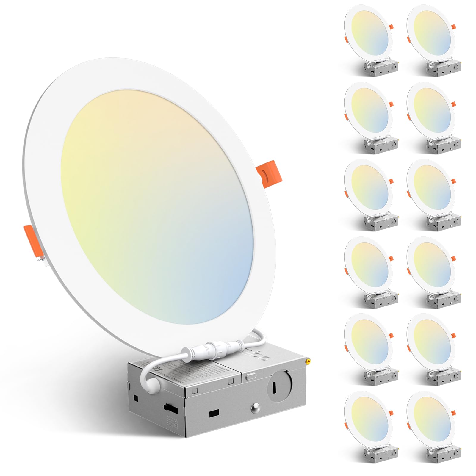 Amico 12 Pack 8 Inch 5CCT Ultra-Thin LED Recessed Ceiling Light with Junction Box, 2700K/3000K/3500K/4000K/5000K Selectable, 18W Eqv 125W, Dimmable Canless Wafer Downlight, 1600LM High Brightness -ETL