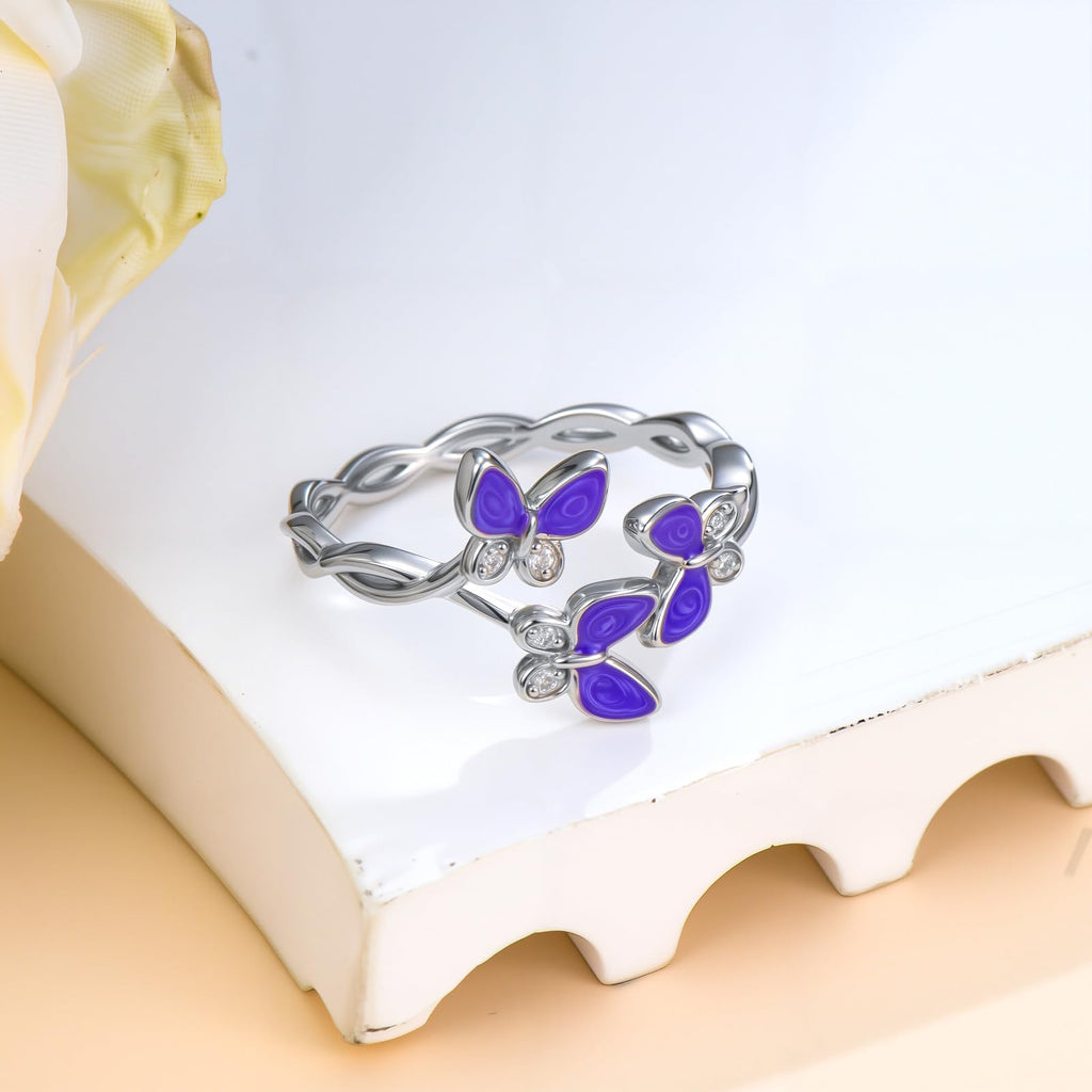 LWXIE Diamond Butterfly Rings for Women 925 Sterling Silver Purple Enamel Floral Butterfly Ring with Lab Grown Diamond Jewelry Gifts for Birthday