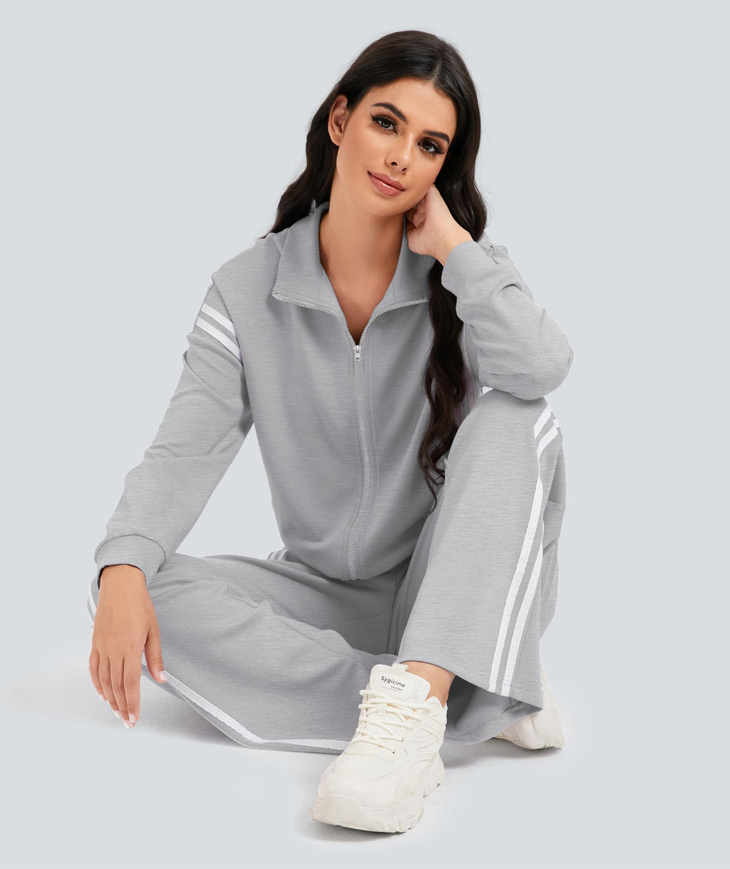 Casly Lamiit Two Piece Sweatsuit for Women Matching Lounge Sets 2025 Fashion Casual Fall Outfits Stripes Track Jackets Sweatpants Track Suit Grey M
