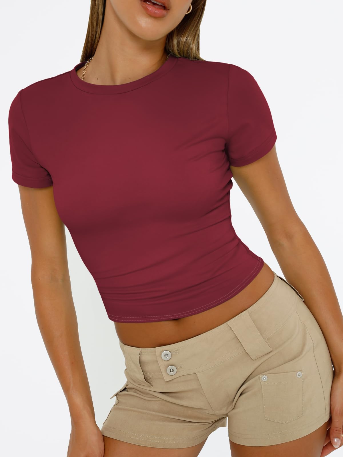 Trendy Queen Womens Short Sleeve T Shirts - Buttery Soft Summer Crop Tops Slim Fit Y2k Basic Tees for Workout Burgundy M