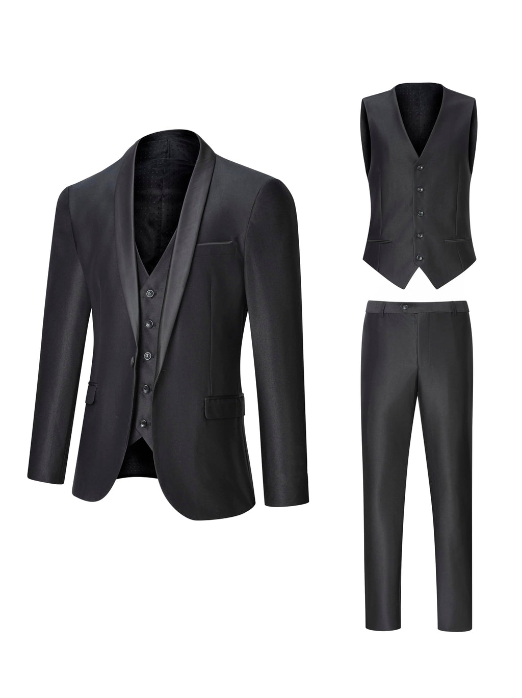 Men's Suit 3 Piece Slim Fit Suits for Men, One Button Solid Shawl Lapel Blazer Jacket Vest Pants Set for Party Wedding Black