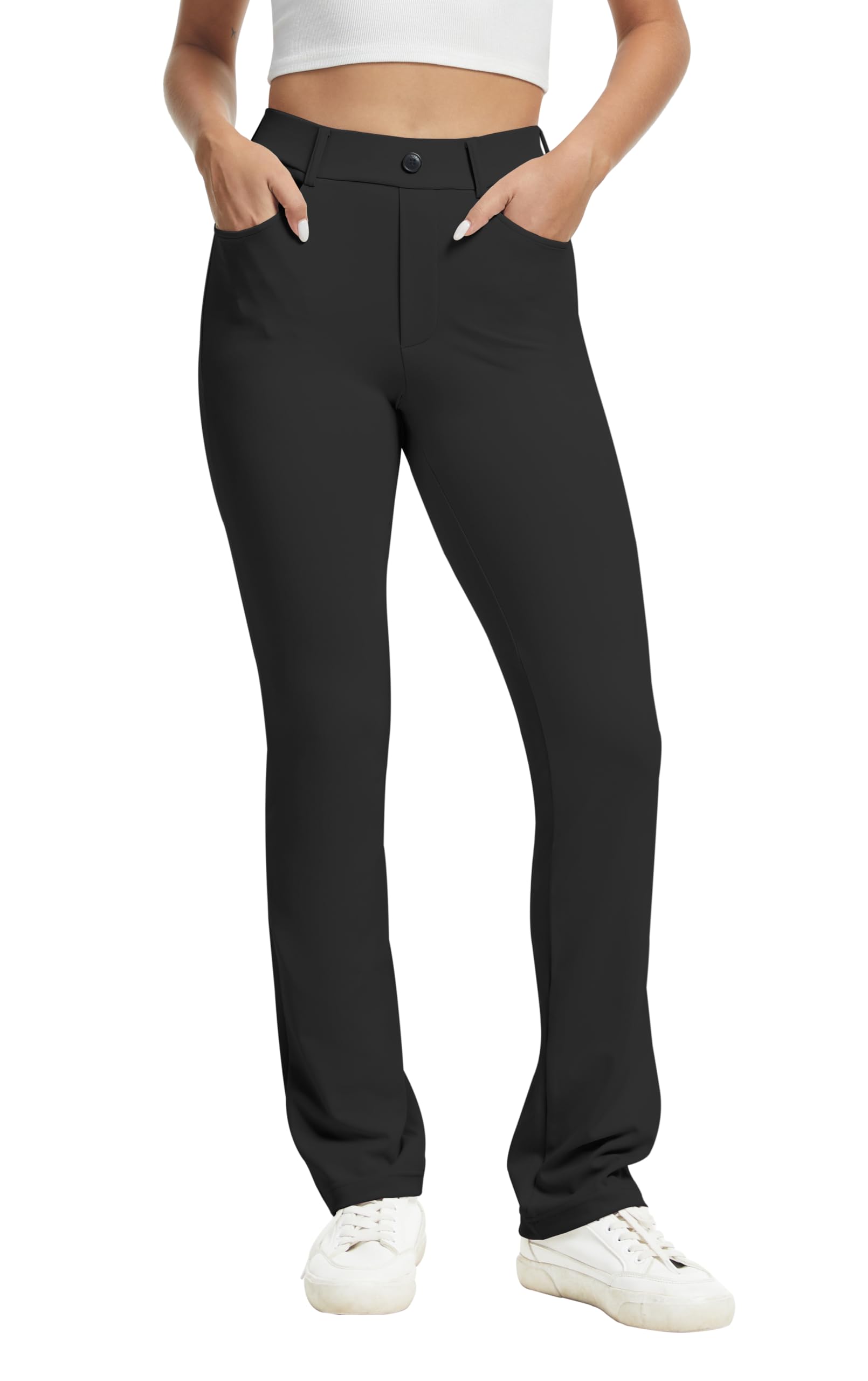 VIMPEP Yoga Pants Women Straight Leg Pants with Pockets High Waist Stretchy Pull On Dress Slacks for Casual Lounge Office Work Petite/Regular 1202 31 Black L