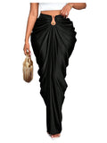 WDIRARA Women's Ruched Bodycon Maxi Skirt Cocktail Party High Waisted Long Fishtail Skirts Black Medium
