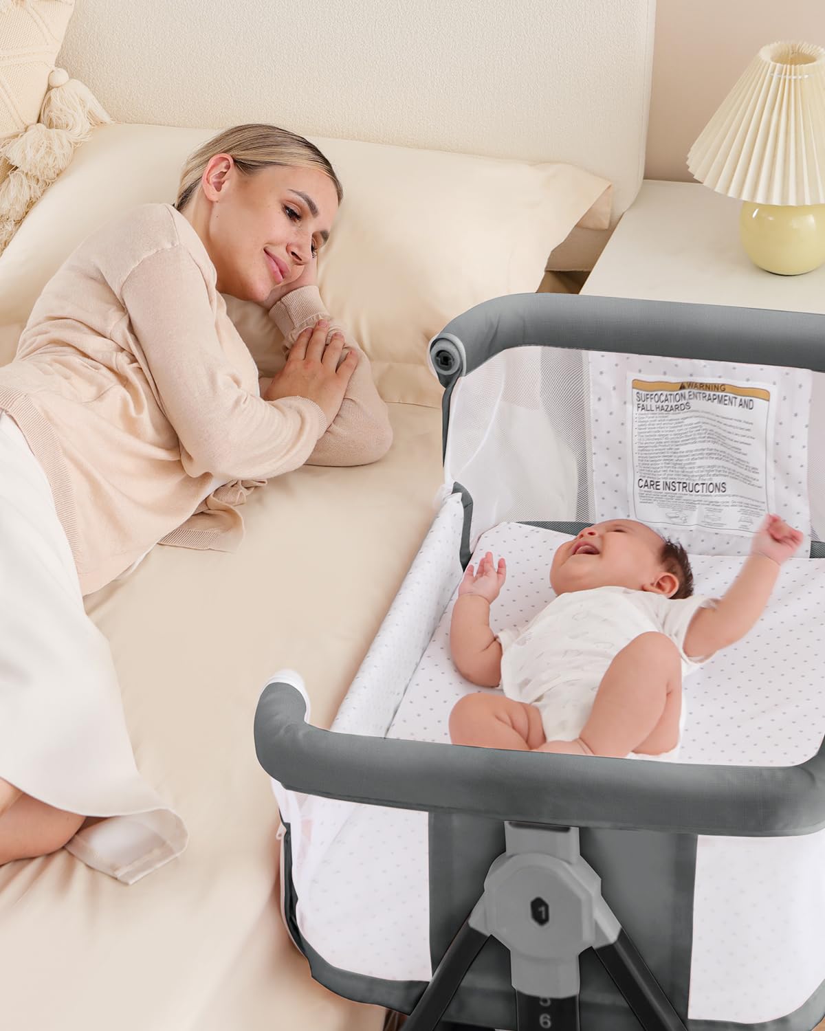 wayfong Baby Bassinet, Bassinet Bedside Sleeper with Wheels, Breathable Mesh Bedside Bassinet for Baby, Mosquito Net, Storage Basket, 6 Height Adjustable, Easy to Assemble