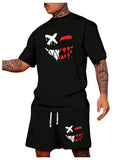 WDIRARA Men's 2 Piece Short Sets Graphic Print Short Sleeve T Shirts and Drawstring Shorts Clothing Set Black Large