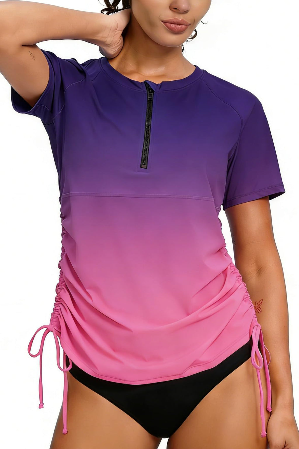 Halcurt Women's Half Zip Short Sleeve Rash Guard Swim Shirt with Tie Drawstring UPF50+ Swimsuit Top Ombre Purple Pink XL