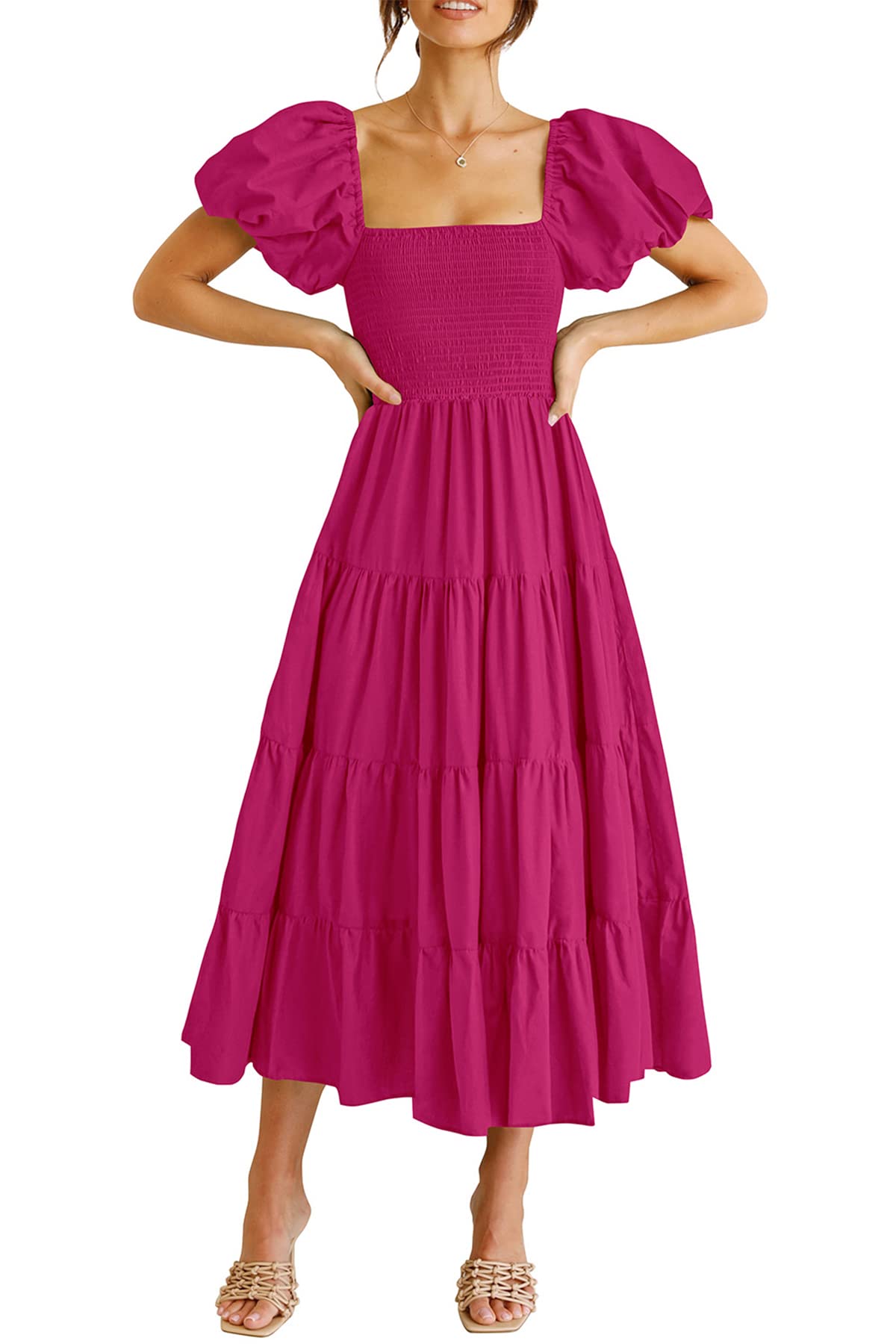 PRETTYGARDEN Women's Casual Summer Midi Dress Puffy Short Sleeve Square Neck Smocked Tiered Ruffle Dresses, Lightweight (Dark Rose Red,Small)