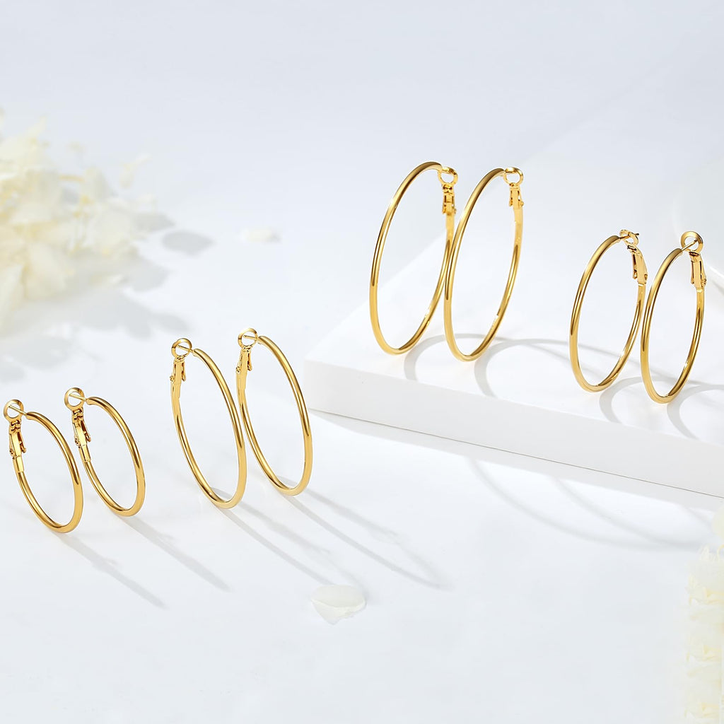 PICKBEAU Gold Large Hoop Earrings for Women | 14K Real Gold Plated Hypoallergenic Big Round Circle Hoops Women's Loop Earrings Set for Women(30/40/50/60mm)