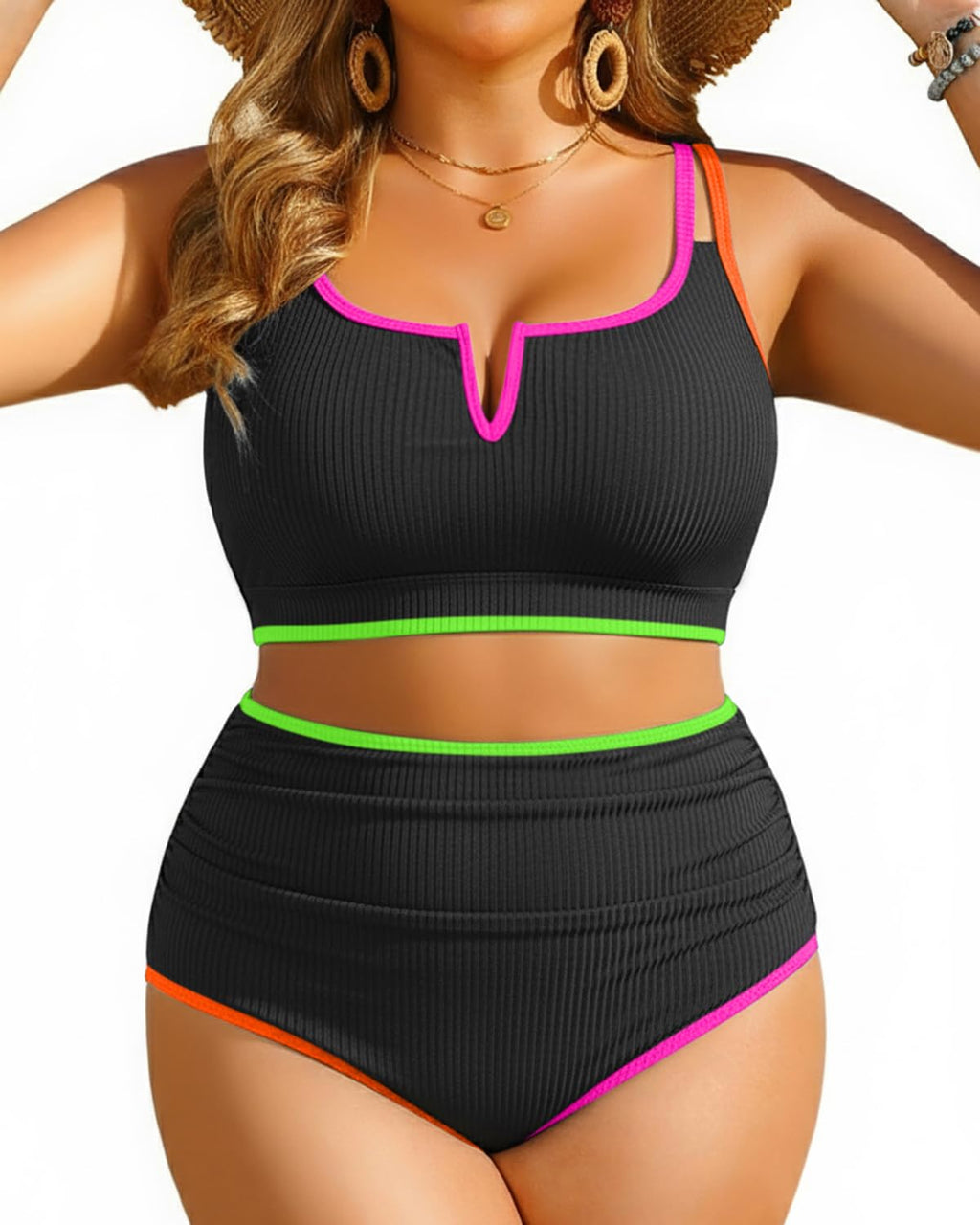 Yonique Women Plus Size High Waisted Bikini - Ribbed Two Piece Swimsuit Tummy Control Bathing Suit V-Wired 2025 Swimwear Colorful Black 14W