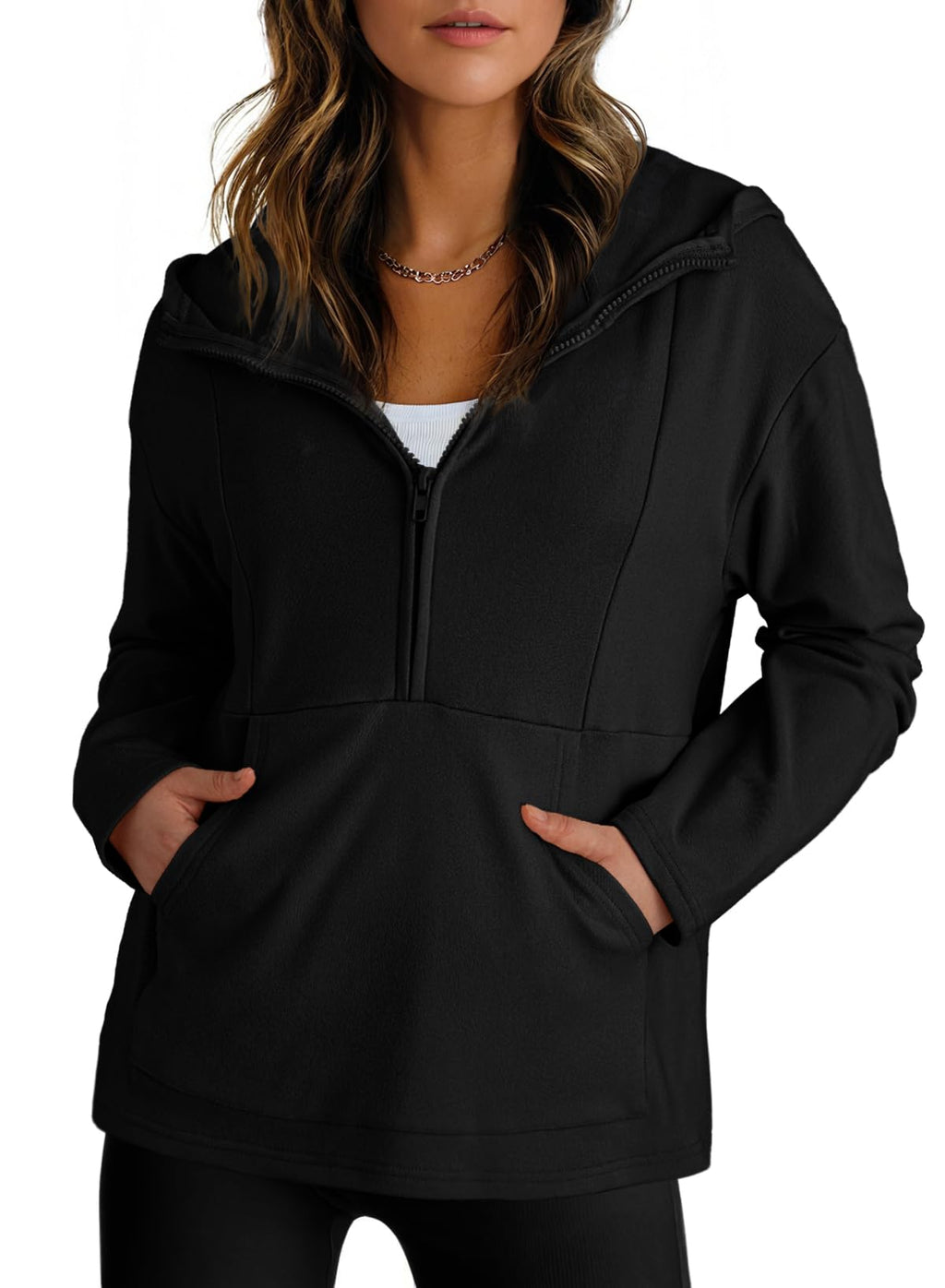 Dokotoo Hoodies for Women Long Sleeve Heatvault Fleece Half Zip Up Hoodie V Neck Solid Color Pullover Oversized Sweatshirt Hooded Tops Casual Comfy Fall Fashion Outfits Clothes 2025 Black Small