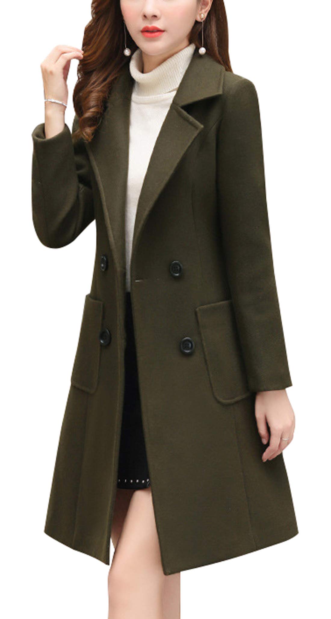 chouyatou Women Elegant Notched Collar Double Breasted Wool Blend Over Coat (Medium, Army green)