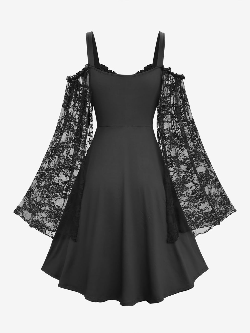 ROSE GAL Plus Size Women Halloween Witchy Costume Gothic Vintage Lace Long Bell Sleeve Cold Shoulder Chain Flowy Goth Vampire Dresses(Black/1X)