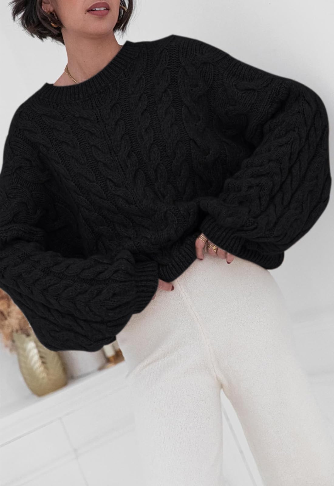 PRETTYGARDEN Womens Sweaters Spring 2026 Cable Knit Long Sleeve Crewneck Oversized Sweater Chunky Pullover Loose Outfits (Black, Medium)