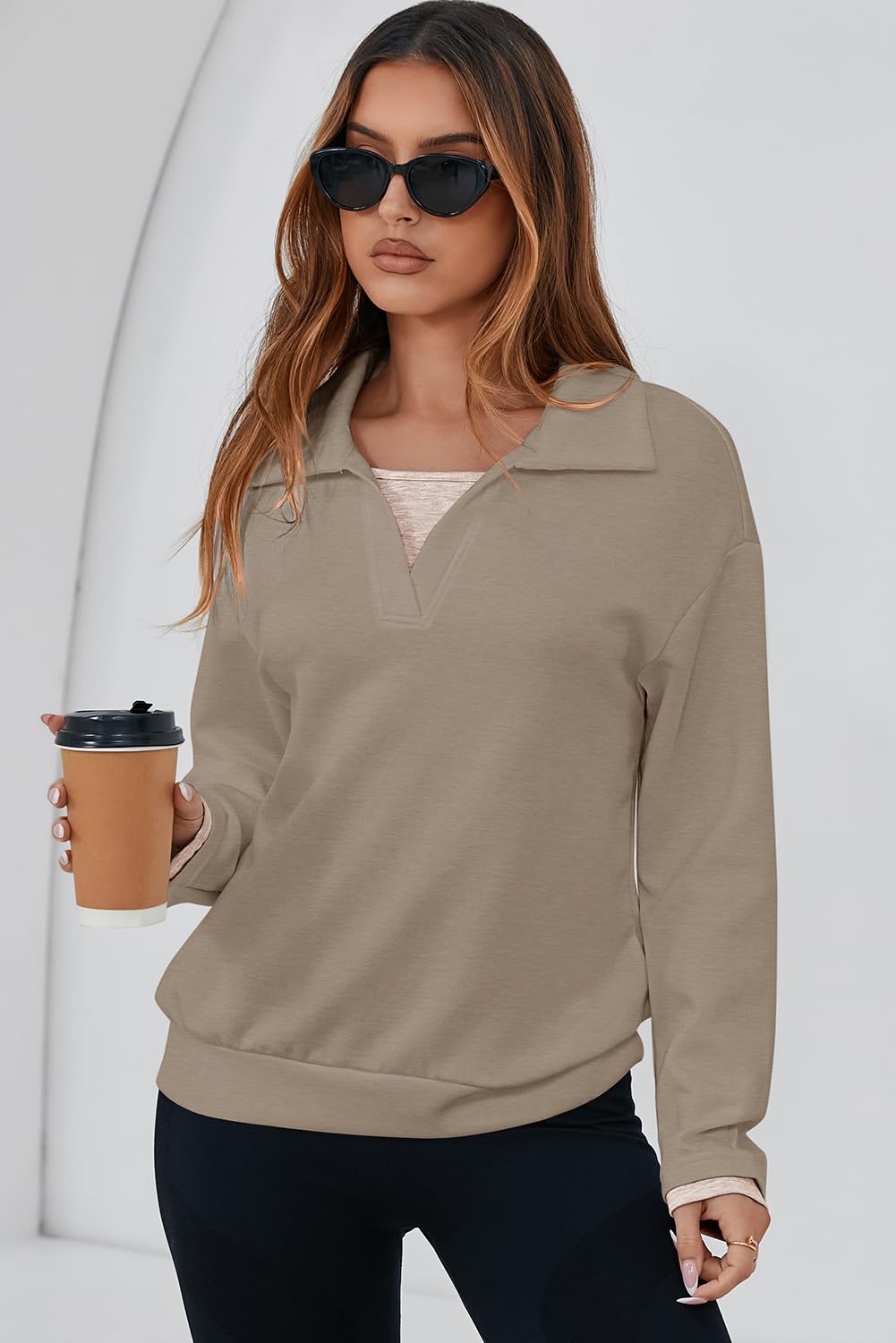 Dokotoo Womens Fall Fashion 2025 Long Sleeve Oversized Sweatshirt for Women Polo Lapel V Neck Color Block Casual Loose Fit Soft Pullover Hoodies Sweatshirts Tops Cozy Winter Clothing Khaki X-Large