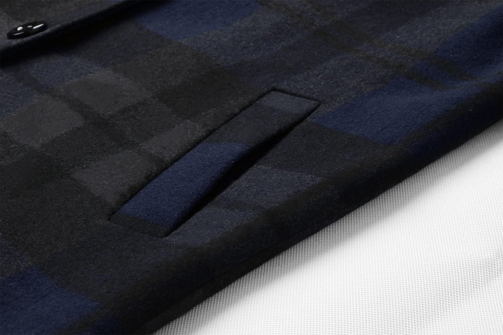 chouyatou Men's Casual Notched Collar Plaid Single Breasted Wool Blend Formal Trench Top Coat (Navy-Plaid, Large)