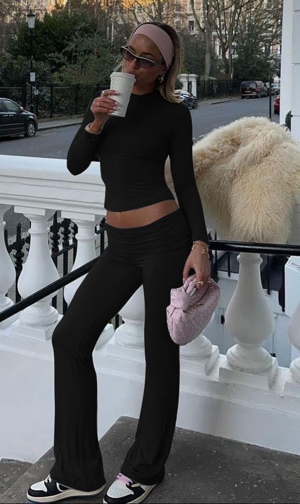 AYWA Women's 2 Piece Outfits Foldover Flare Pants Long Sleeve Crew Neck T-shirt Fitted Pajama Sets (Jet Black, Medium)