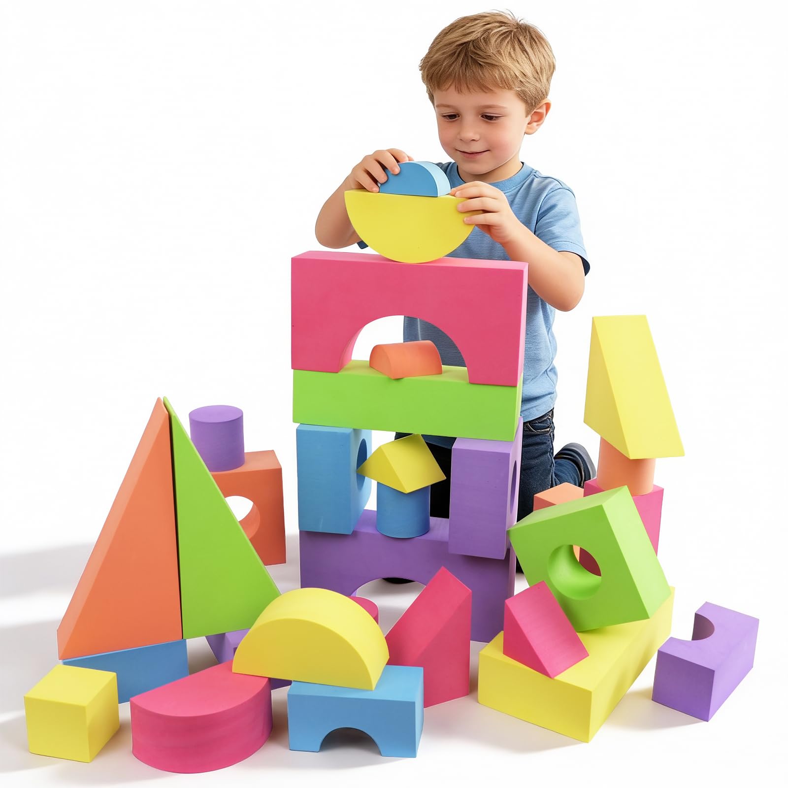 Bingyouth Large Building Foam Blocks for Toddlers, EVA Stacking Foam Building Blocks Toy Set, Non-Toxic, Washable, Early Learning Construction Toys & Gifts for Kids Boys & Girls (Blue, Pieces, 60)