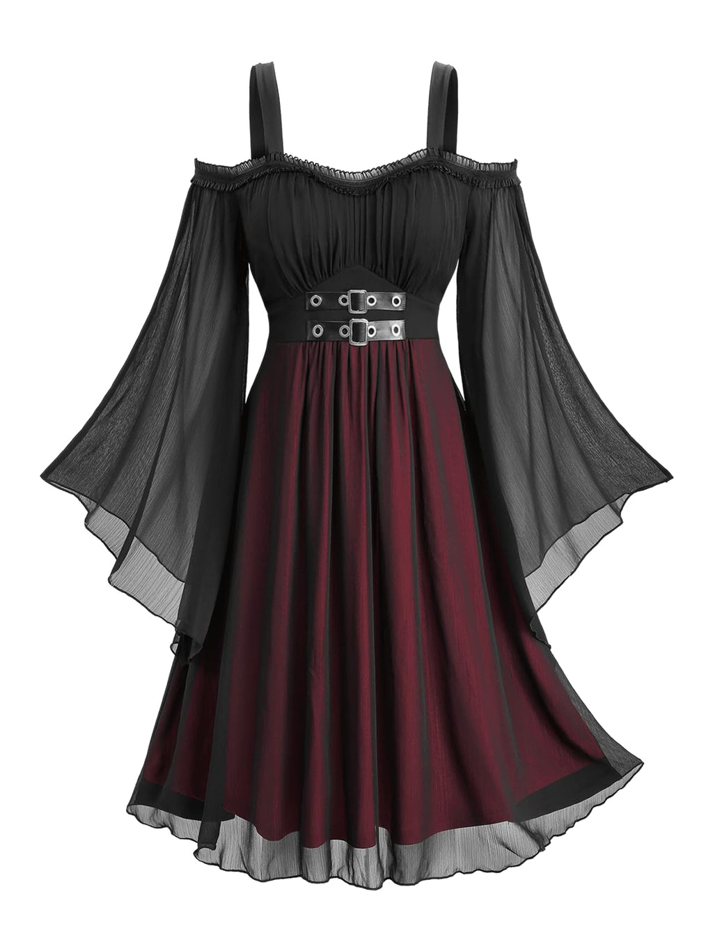 ROSE GAL Rosegal Plus Size Women Halloween Costume Medieval Gothic Dress Cold Shoulder Bell Sleeves Layered Chiffon Swing Witch Dress(Black/1X)