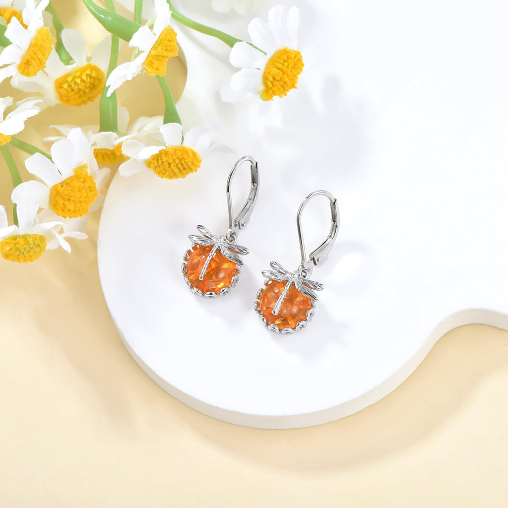 KZX Dragonfly Earrings for Women 925 Sterling Silver Amber Dangle Earrings Dragonfly Earrings Dangle Jewelry Gift for Wife Mom Nana