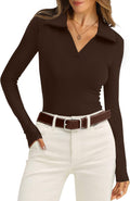 WIHOLL Fall Outfits for Women 2026 Fashion Long Sleeve Shirts Business Casual Tops V Neck Old Money Clothes Thermal Sweaters Coffee S