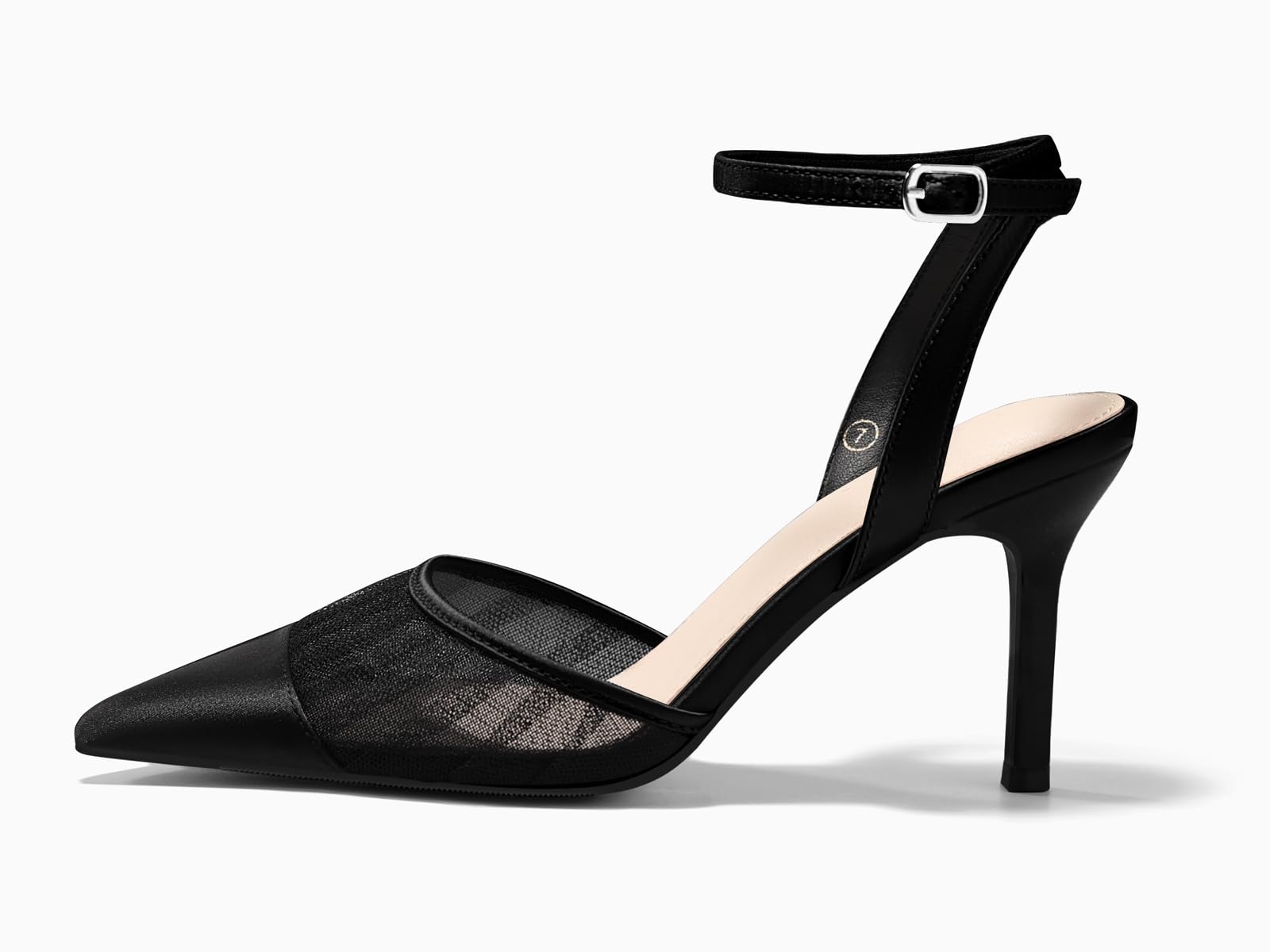 Coutgo Womens Closed Toe High Heels Mesh Satin Pointed Toe Dress Shoes Ankle Strap Pacthwork Wedding Pump Shoes, Black, Size 8.5