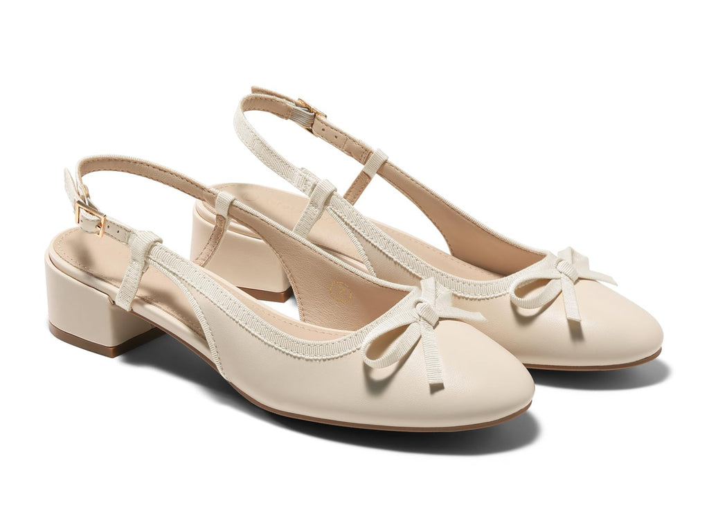 Coutgo Womens Chunky Low Heels Slingback Ballet Bow Pumps Closed Toe Wedding Dress Shoes, Beige, Size 8