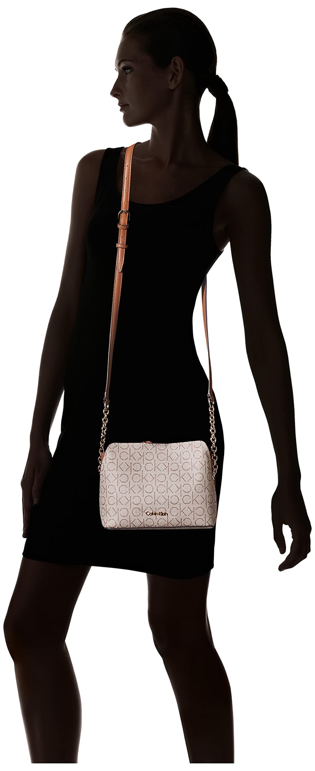 Calvin Klein Women's Hailey Signature Triple Compartment Chain Crossbody, Textured Almond/Taupe/Caramel Linear, One Size