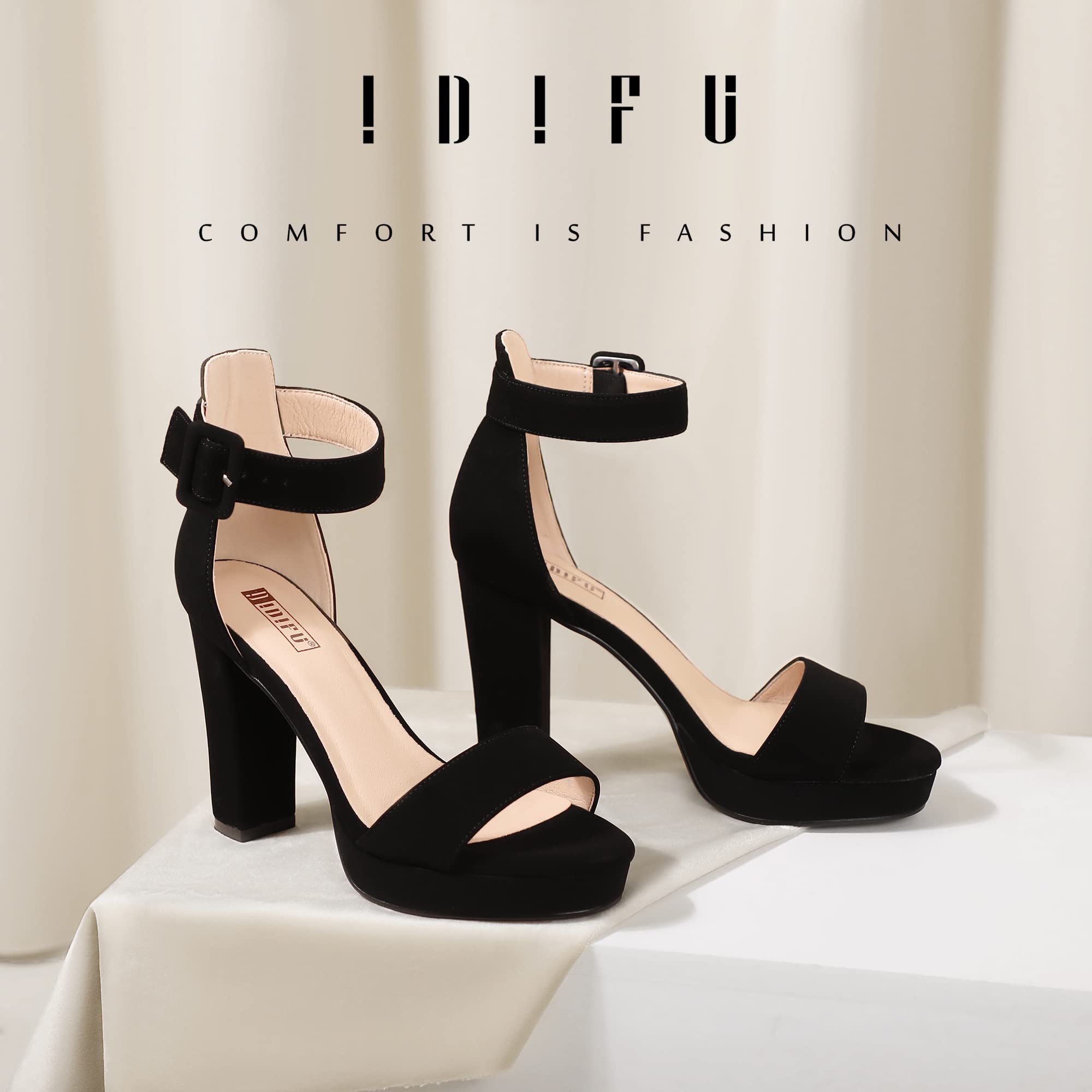 IDIFU Women's IN4 Sabrina Platform Chunky High Heels Ankle Strap Heeled Sandals Wedding Party Dress Shoes (Black Nubuck, 7)