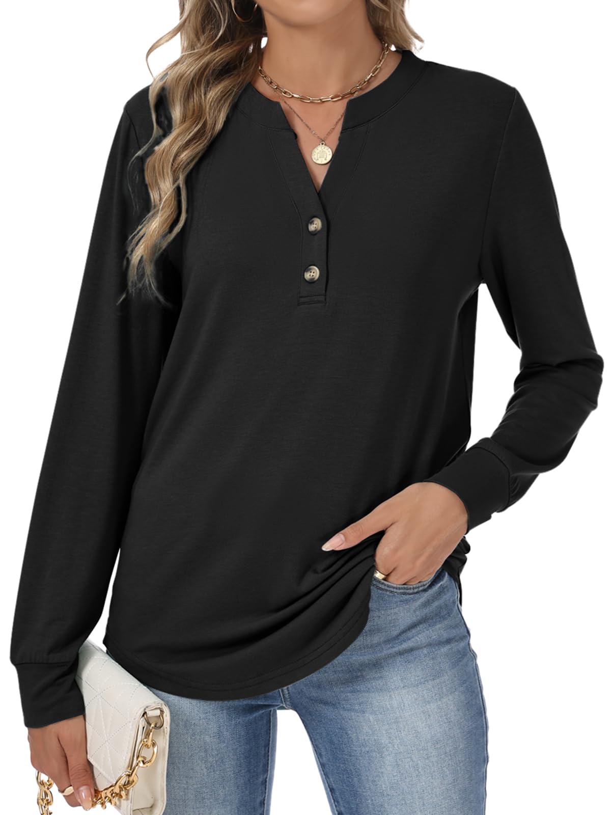 Lallabai Women's Long Sleeve Shirts Fall Button Henley Tunic Tops Dressy Casual Blouses 2026 T-Shirts Outfits Fashion Clothes Black