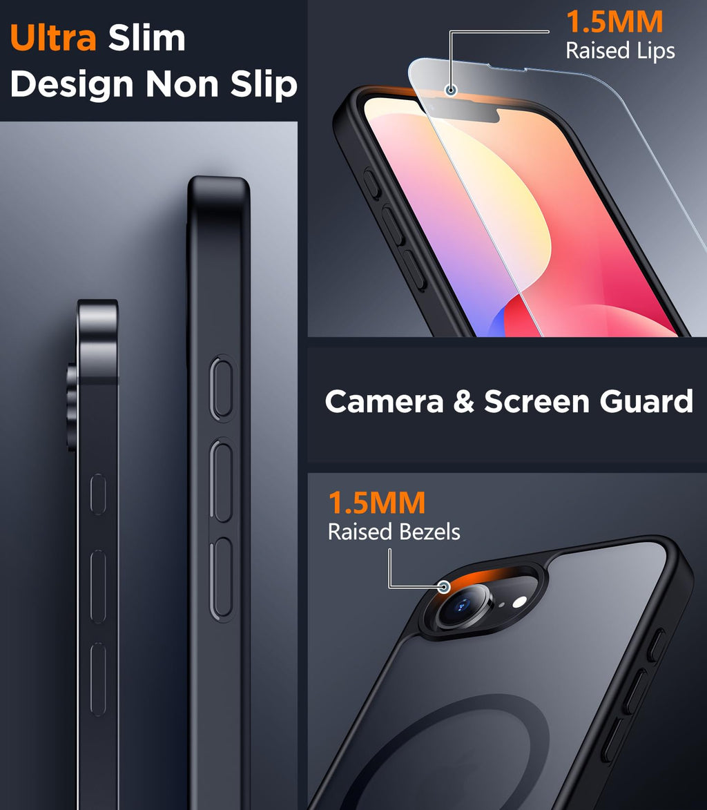 SPIDERCASE Designed for iPhone 16e Case, Magnetic Translucent Matte Case with 2PCS Tempered Glass Screen Protector Slim Phone Case for iPhone 16E 6.1'', Black