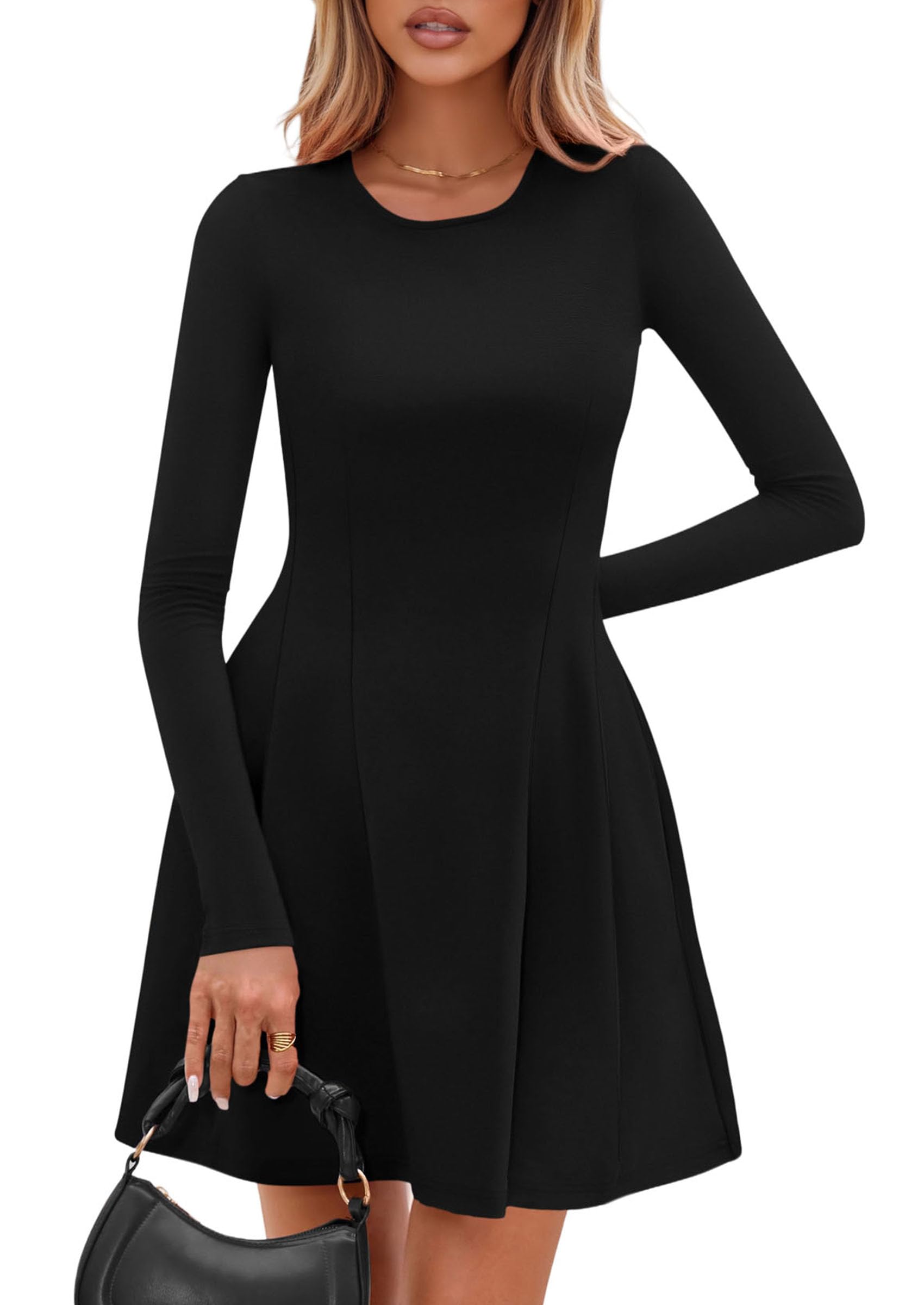 PRETTYGARDEN Long Sleeve Mini Dress for Women 2026 Spring Crewneck Knit Pleated Babydoll A Line Casual Short Party Dresses (Black,Large)