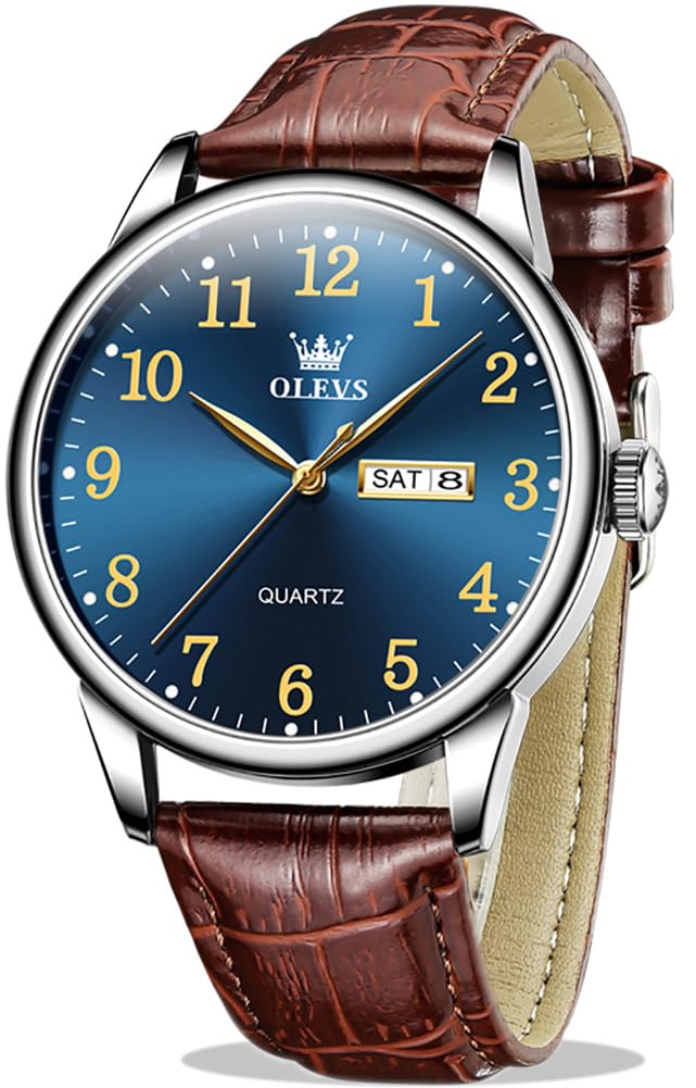 OLEVS Brown Leather Watch Men Blue Big Face Minimalist Simple Easy to Read Watches for Men Vintage Classic Business Casual Men’s Watch Day Date Analog Waterproof Extra Large Wrists Mens Watches
