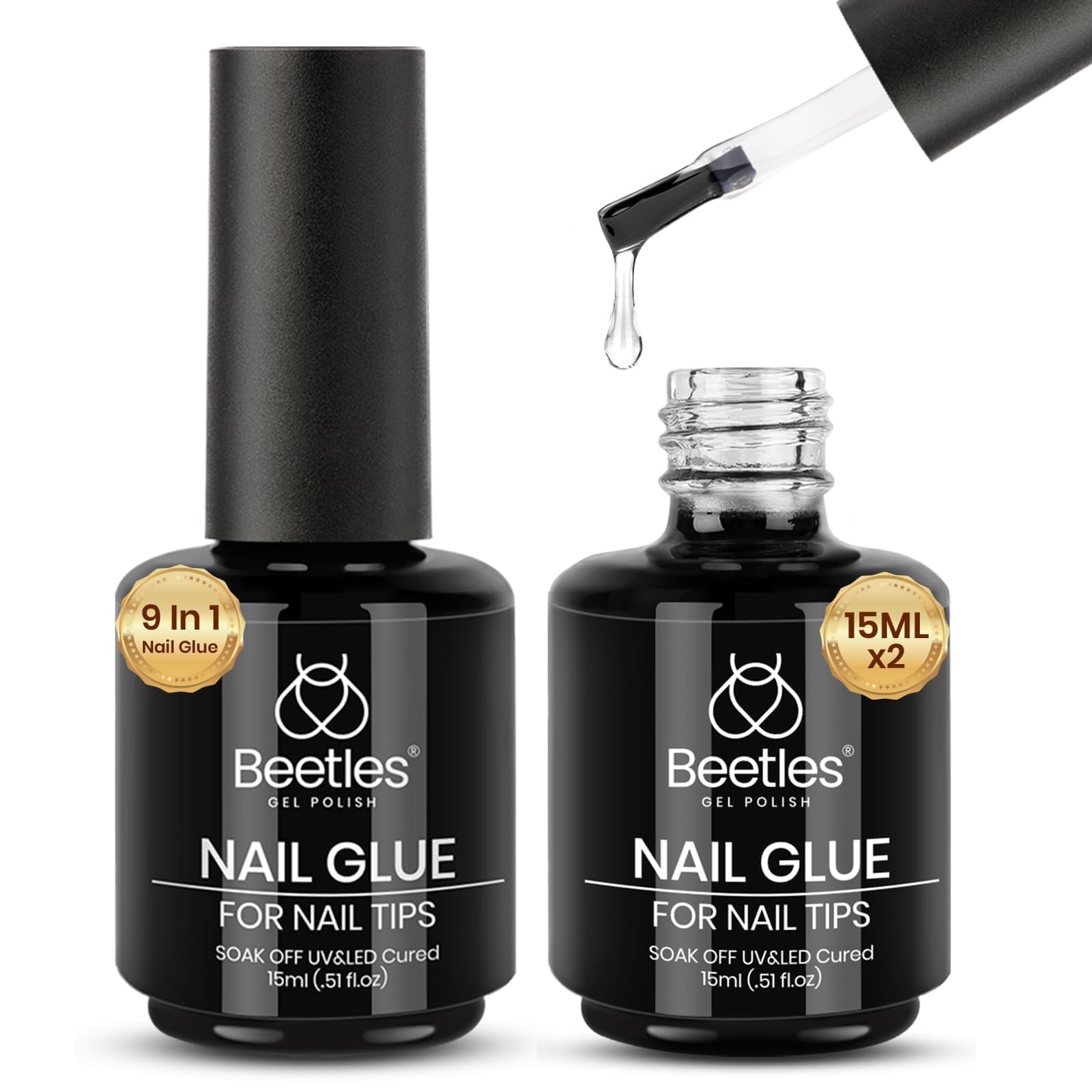 beetles Gel Polish 9 In 1 Gel Nail Glue for Clear Acrylic Nail Tips 2 Pcs 15ml Long Lasting Nail Gel Kit for False Nails Tips, Base Blooming Nail Gel, Spring Nail Art, U V Light Required